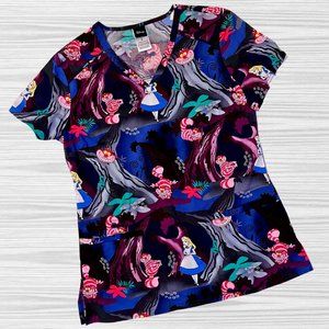 Cherokee Tooniforms Alice in Wonderland Women's V-Neck Print Scrub Top Small